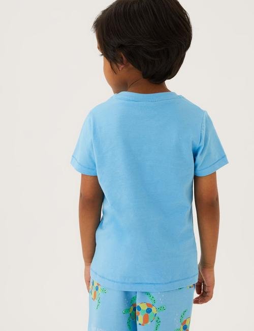 Mavi Saf Pamuklu Kaplumbağa Desenli T-Shirt (2-7 Yaş)