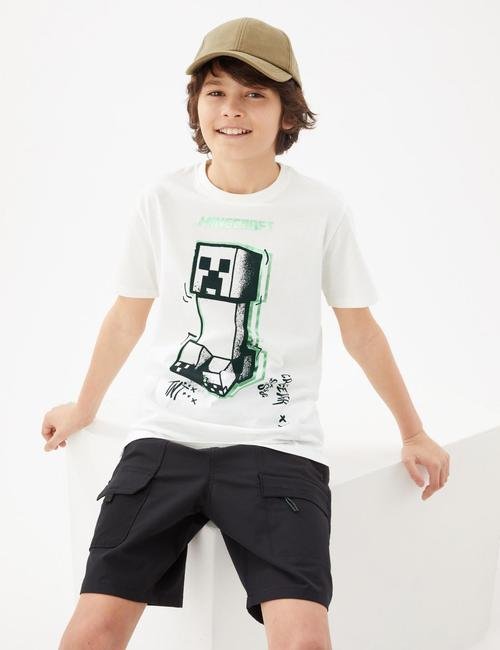 Beyaz Saf Pamuklu Minecraft™ T-Shirt (6-16 Yaş)
