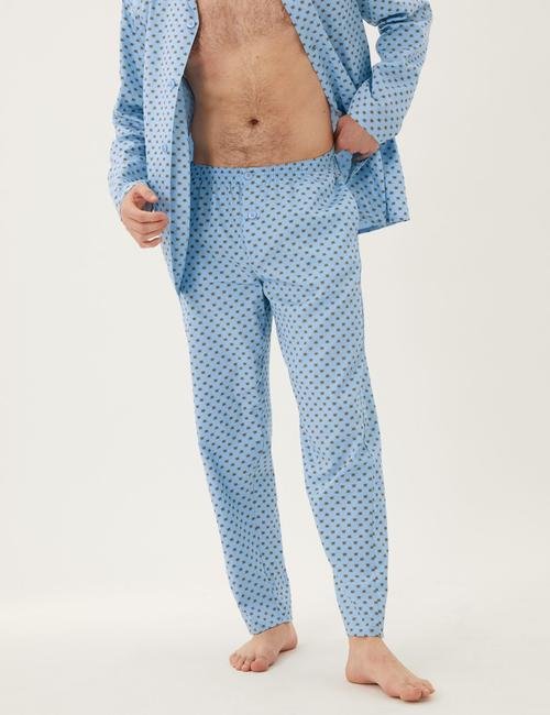 Mavi Saf Pamuklu Uzun Kollu Pijama Takımı