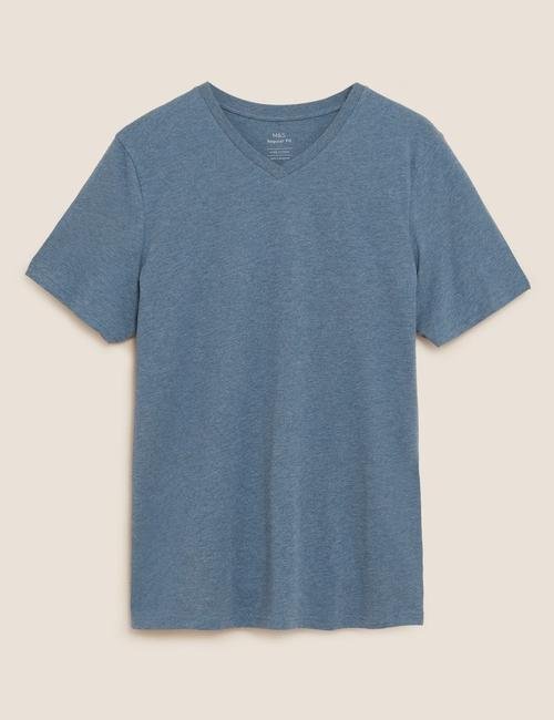 Mavi Saf Pamuklu V Yaka T-Shirt