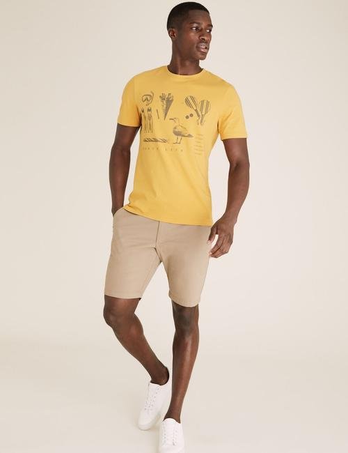 Sarı Saf Pamuklu Grafik Desenli T-Shirt