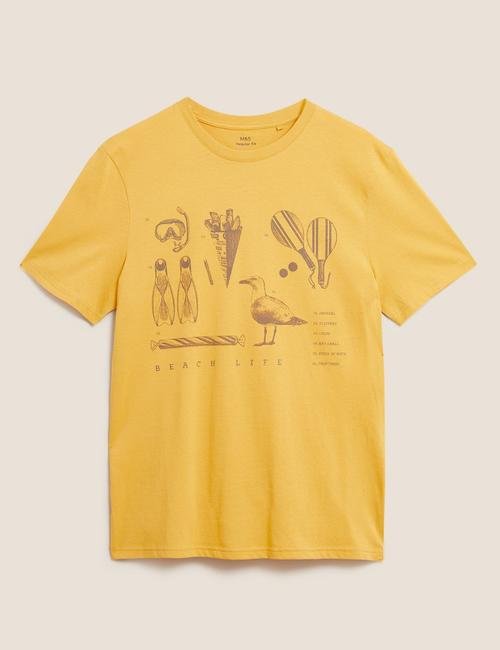 Sarı Saf Pamuklu Grafik Desenli T-Shirt