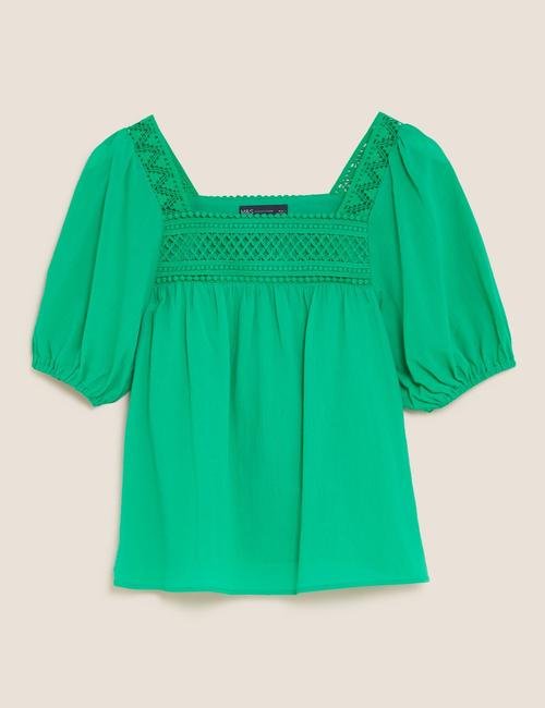 Yeşil Saf Pamuklu İşleme Detaylı Bluz