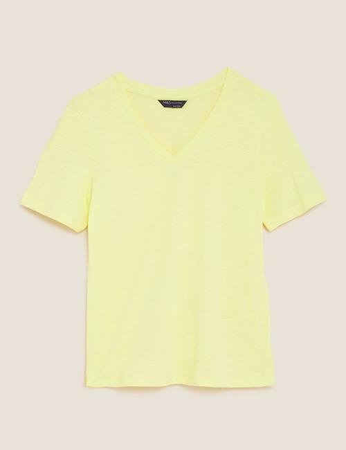 Sarı Saf Pamuklu V Yaka T-Shirt