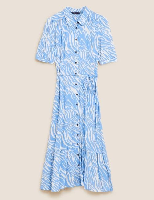 Mavi Kısa Kollu Midi Gömlek Elbise