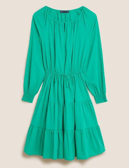 Yeşil Saf Pamuklu Uzun Kollu Mini Elbise