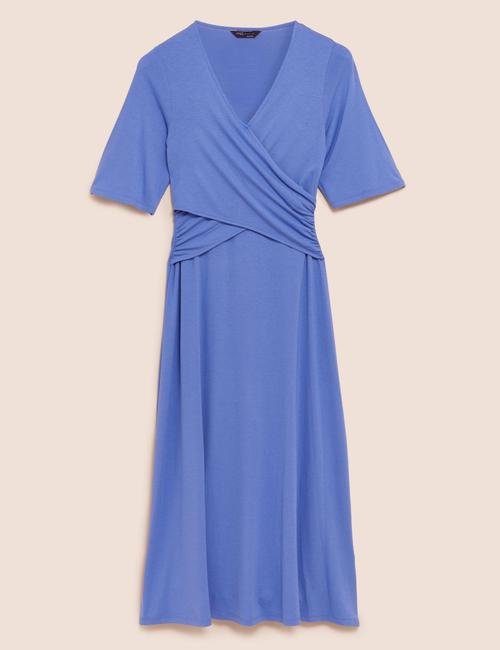 Mavi V Yaka Midi Elbise