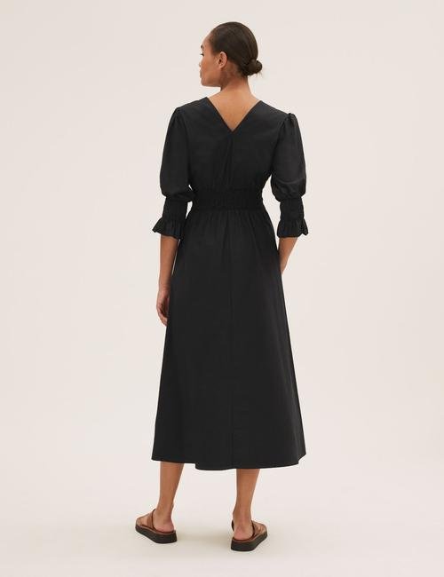 Siyah Saf Pamuklu V Yaka Midi Elbise