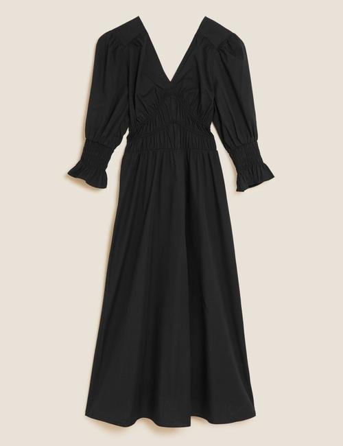 Siyah Saf Pamuklu V Yaka Midi Elbise