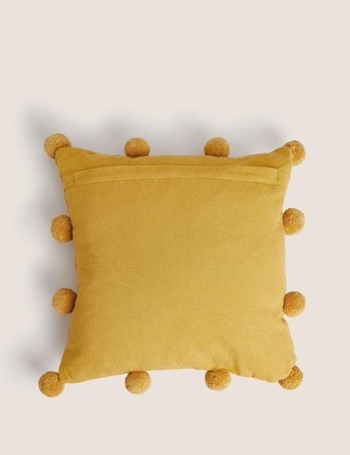 Sarı Saf Pamuklu Ponpon Detaylı Yastık