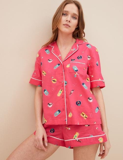 Pembe Saf Pamuklu Kısa Kollu Pijama Takımı