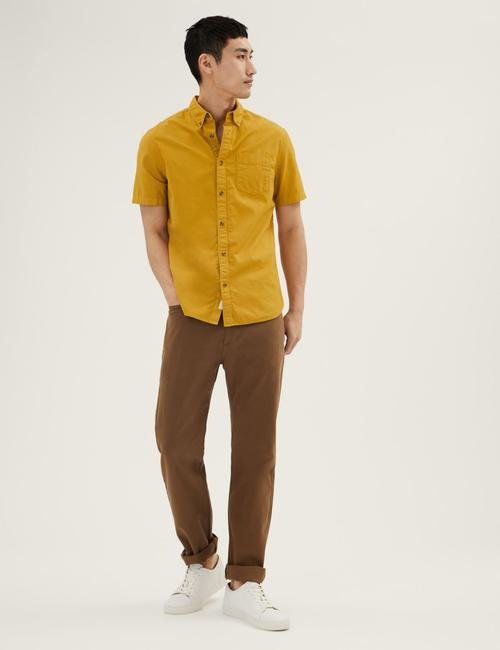Sarı Saf Pamuklu Kısa Kollu Oxford Gömlek