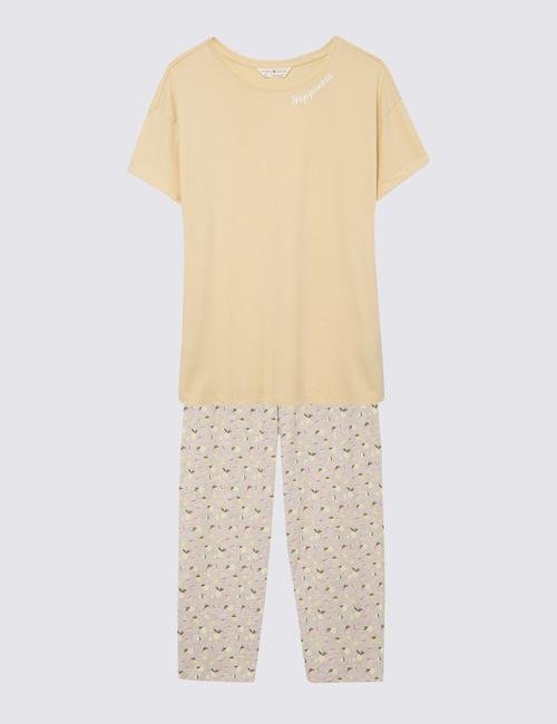Sarı Saf Pamuklu Kısa Kollu Pijama Takımı