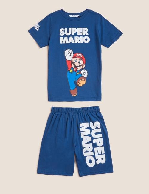 Lacivert Saf Pamuklu Super Mario™ Pijama Takımı (4-16 Yaş)
