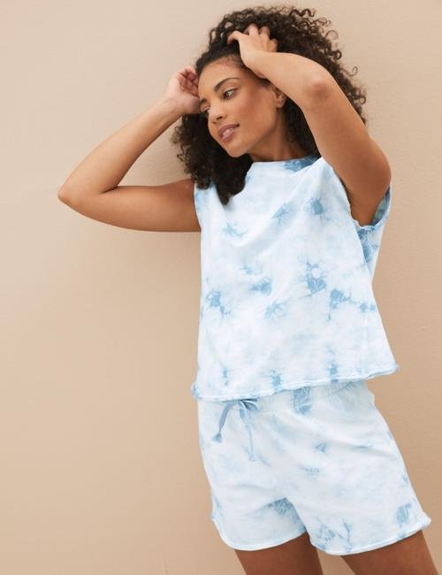 Mavi Saf Pamuklu Batik Desenli Pijama Takımı