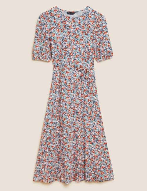 Multi Renk Çiçek Desenli Midi Örme Elbise