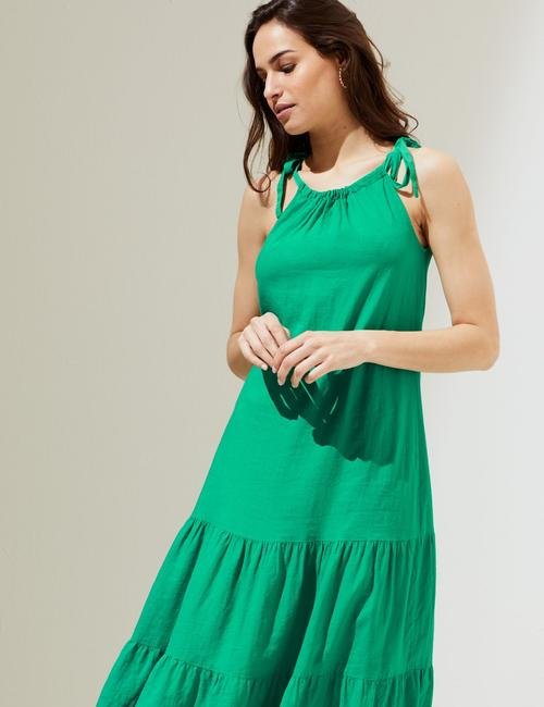 Yeşil Regular Fit Midi Keten Elbise
