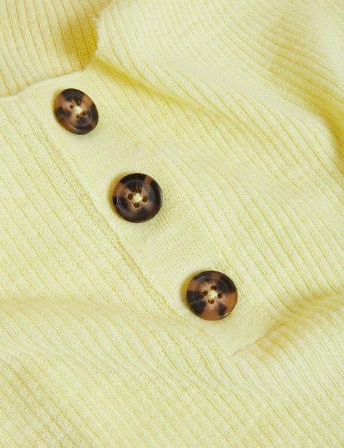 Sarı Düğme Detaylı Örme Keten Bluz