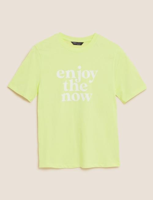 Sarı Saf Pamuklu Slogan Detaylı T-Shirt