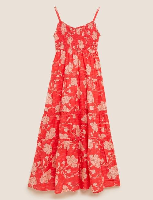 Kırmızı Saf Pamuklu Çiçek Desenli Midi Elbise