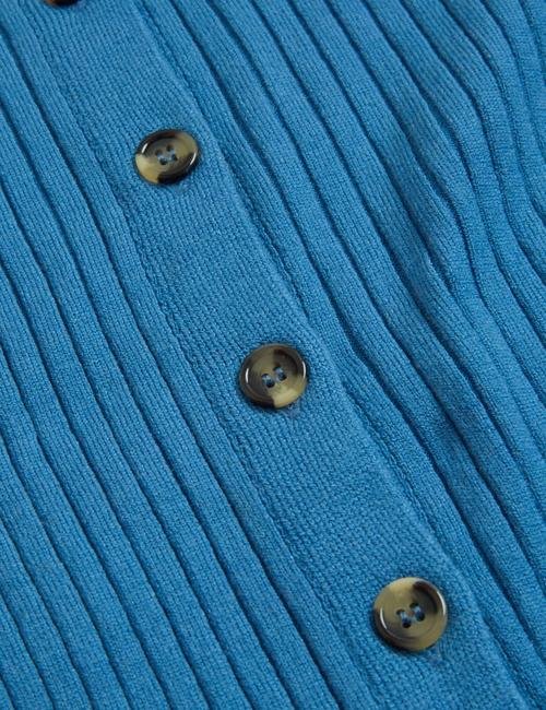 Mavi Fitil Detaylı Kısa Kollu Örme Bluz