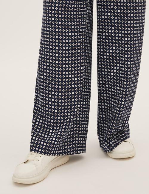Lacivert Geometrik Desenli Wide Leg Pantolon