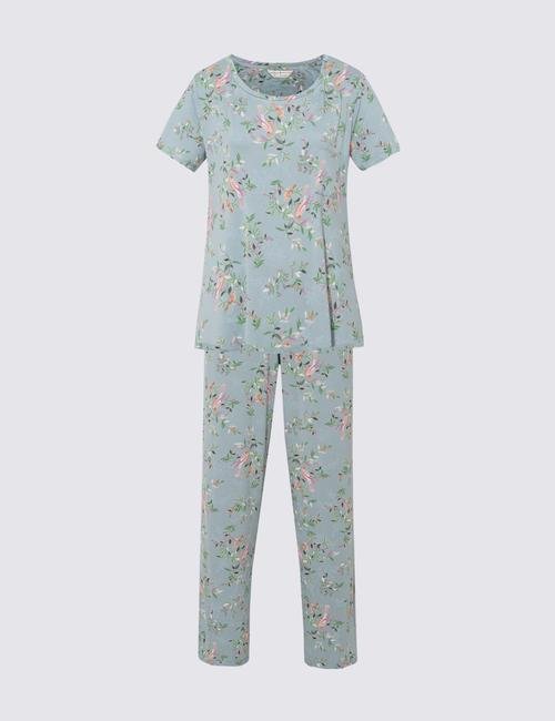 Mavi Kuş Desenli Kısa Kollu Pijama Takımı