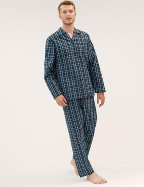 Erkek Mavi Ekose Desenli Uzun Kollu Pijama Takımı