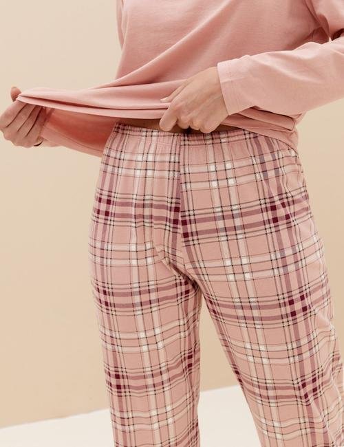 Pembe Saf Pamuklu Uzun Kollu Pijama Takımı