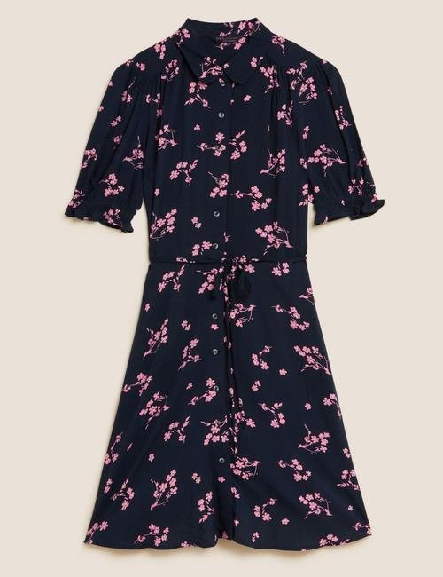 Lacivert Çiçek Desenli Mini Gömlek Elbise
