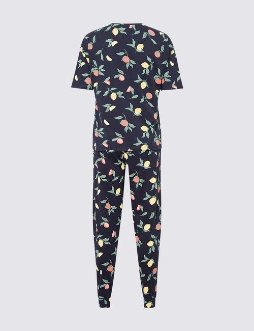 Lacivert Meyve Desenli Kısa Kollu Pijama Takımı