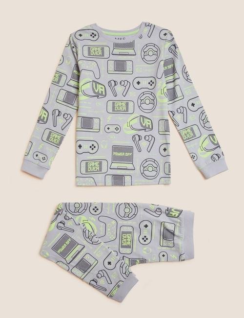 Gri Oyun Desenli Uzun Kollu Pijama Takımı (7-16 Yaş)
