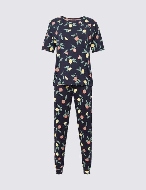 Lacivert Meyve Desenli Kısa Kollu Pijama Takımı
