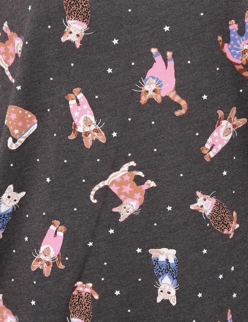 Gri Kedi Desenli Kısa Kollu Pijama Takımı