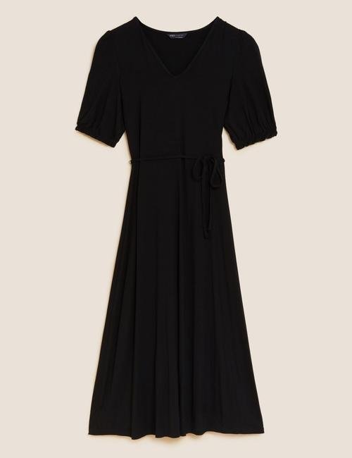 Siyah V Yaka Midi Örme Elbise