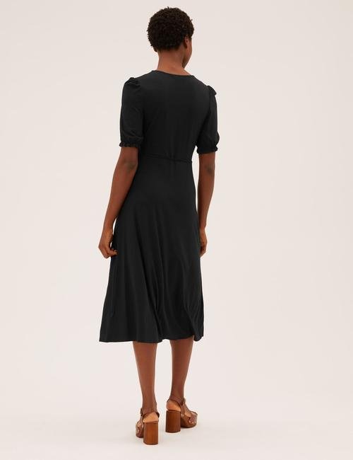 Siyah V Yaka Midi Örme Elbise