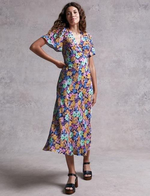 Multi Renk Çiçek Desenli Midi Elbise