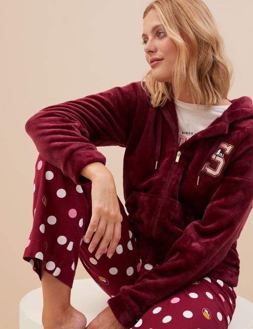 Bordo Snoopy™ Kapüşonlu Polar Pijama Üstü