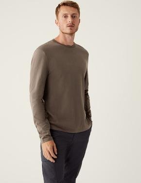 Erkek Kahverengi Saf Pamuklu Uzun Kollu T-Shirt