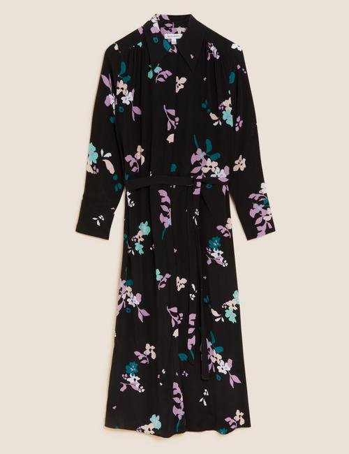 Siyah Mix Çiçek Desenli Midi Gömlek Elbise