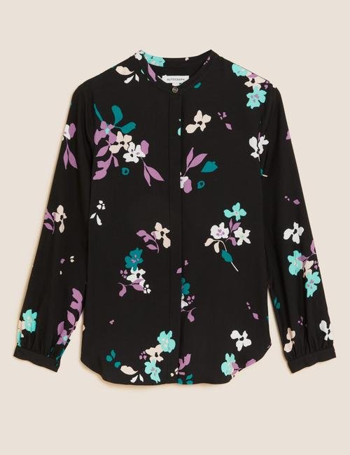 Siyah Mix Çiçek Desenli Uzun Kollu Bluz