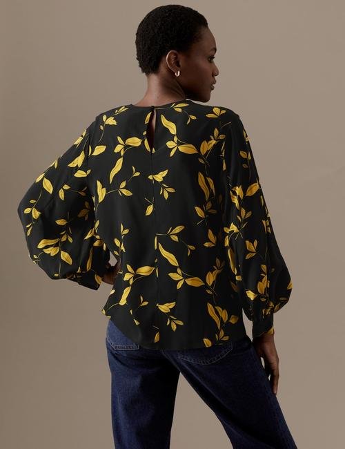 Siyah Mix Yaprak Desenli Uzun Kollu Bluz