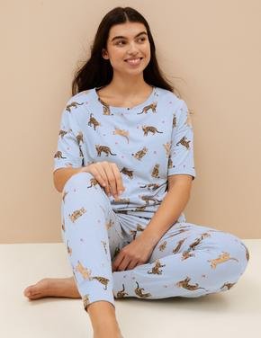 Kadın Mavi Kedi Desenli Kısa Kollu Pijama Takımı