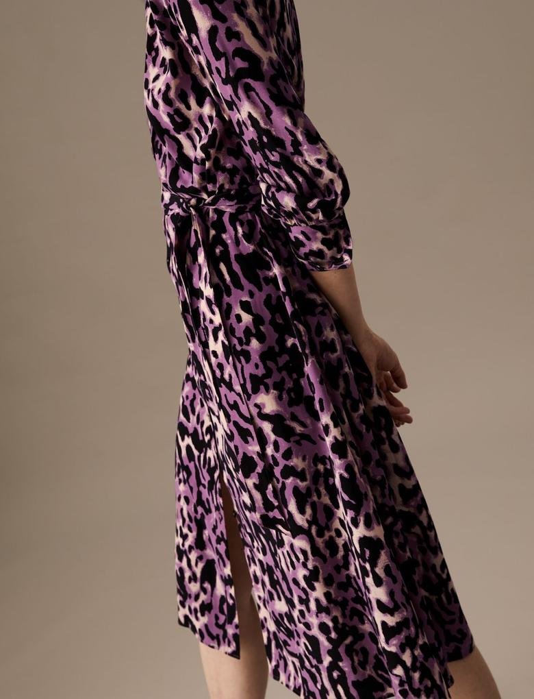 Kadın Mor Leopar Desenli Uzun Kollu Midi Elbise