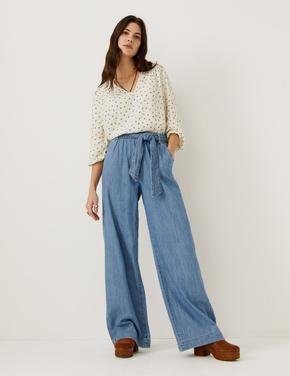 Kadın Mavi Saf Pamuklu Wide Leg Jean Pantolon