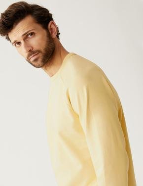 Erkek Sarı Saf Pamuklu Yuvarlak Yaka Sweatshirt