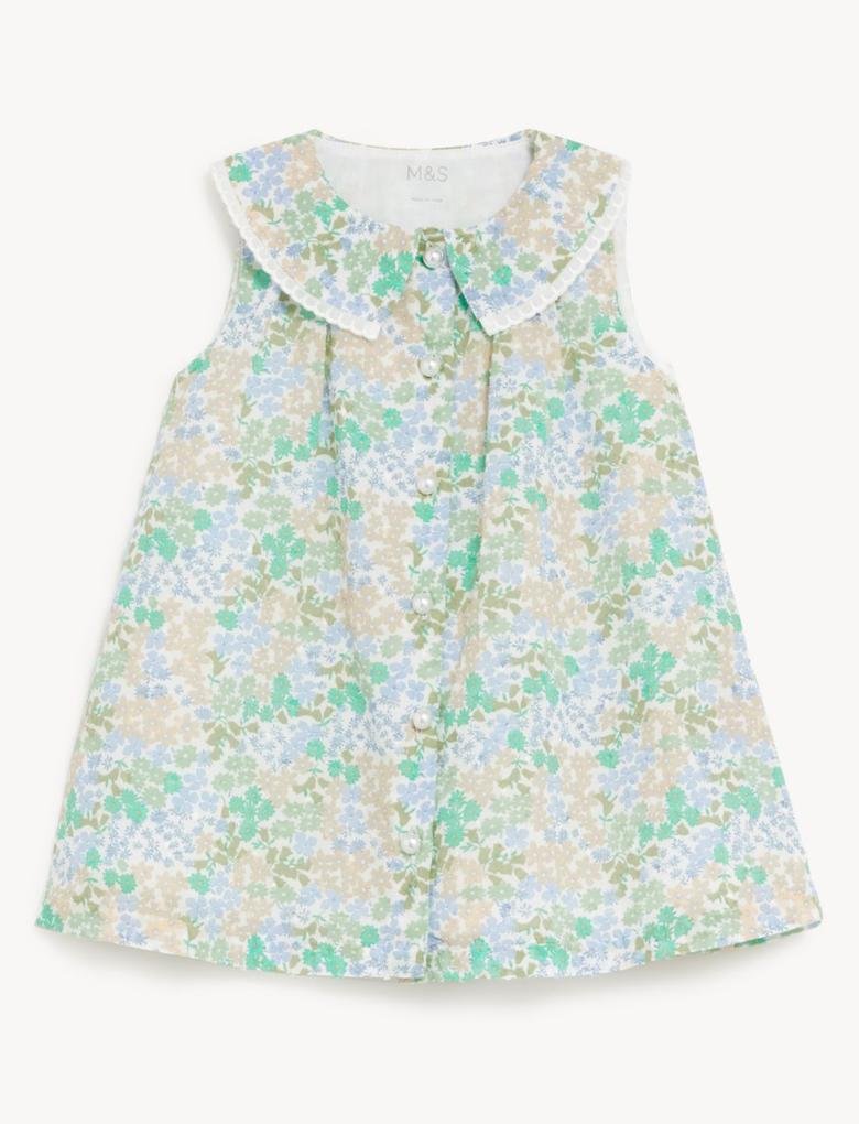 Bebek Yeşil Saf Pamuklu Çiçek Desenli Elbise (0-3 Yaş)