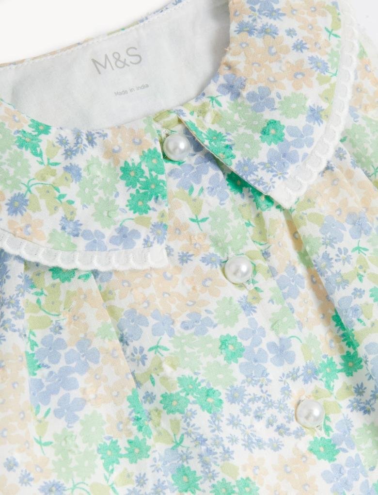 Bebek Yeşil Saf Pamuklu Çiçek Desenli Elbise (0-3 Yaş)