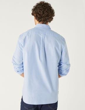 Erkek Mavi Saf Pamuklu Uzun Kollu Oxford Gömlek