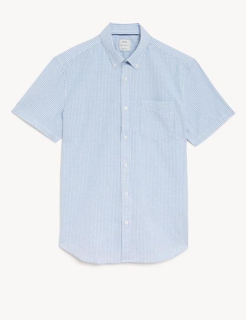 Mavi Saf Pamuklu Çizgili Oxford Gömlek